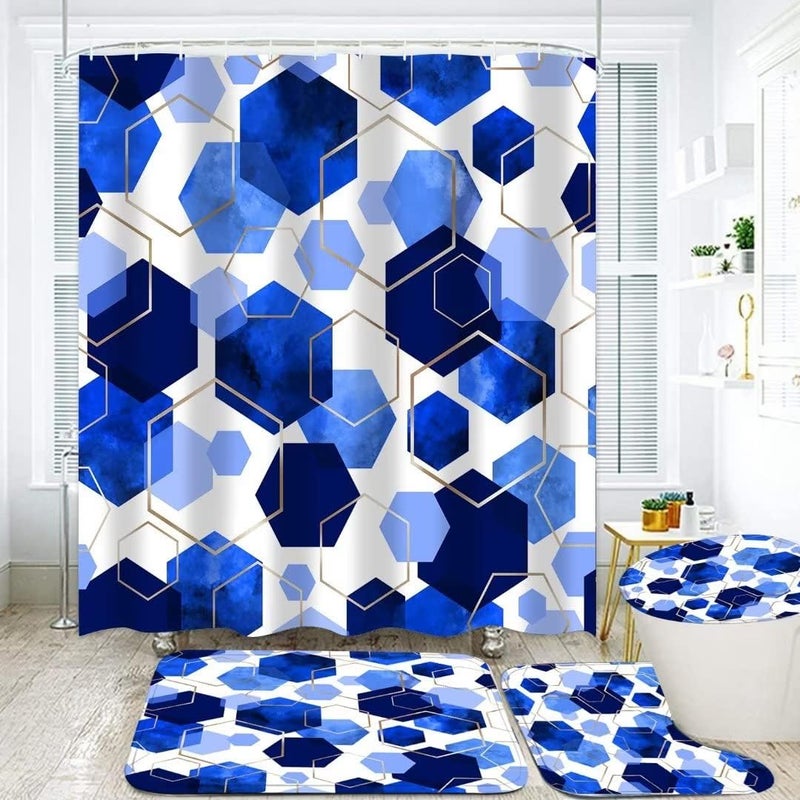LQCOOL Blue Bathroom Curtain Set, 4Pcs Modern Art Geometric Shower Curtain with 12 Hooks, Waterproof, Blackout, 70.8' L x 70.8' W - Image 1